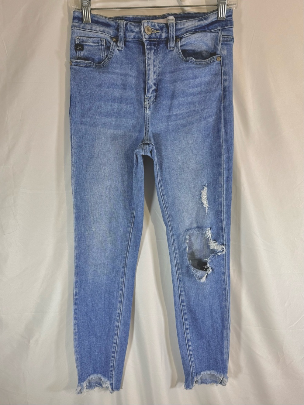 KanCan Skinny Cropped High Rise Jeans With Blown Out Knee And Raw Uneven Hem